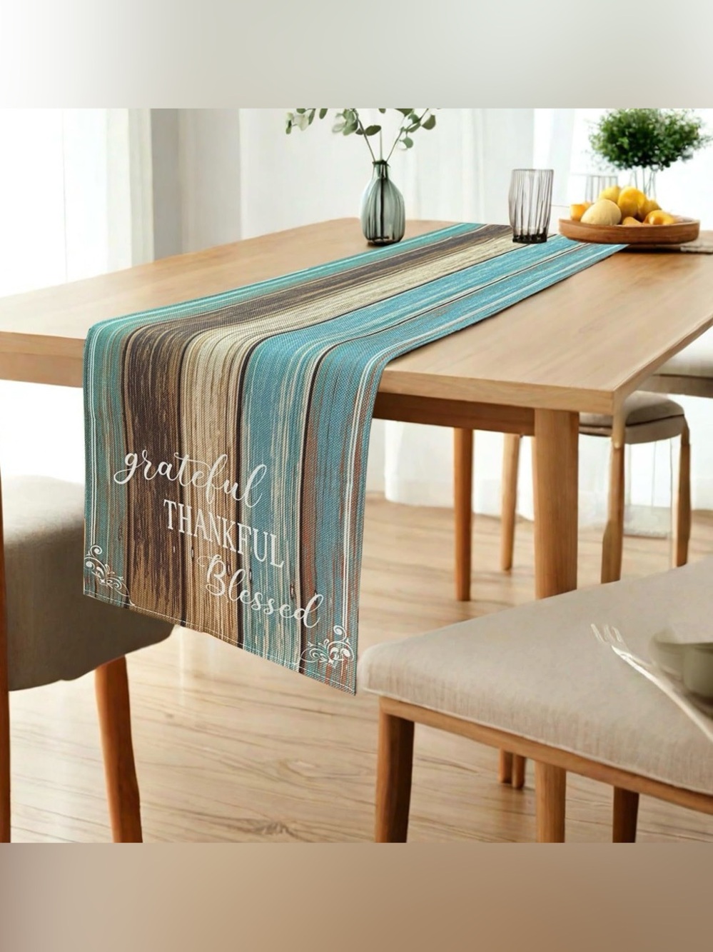 Striped Blue and Brown Table Runner - Grateful Thankful Blessed